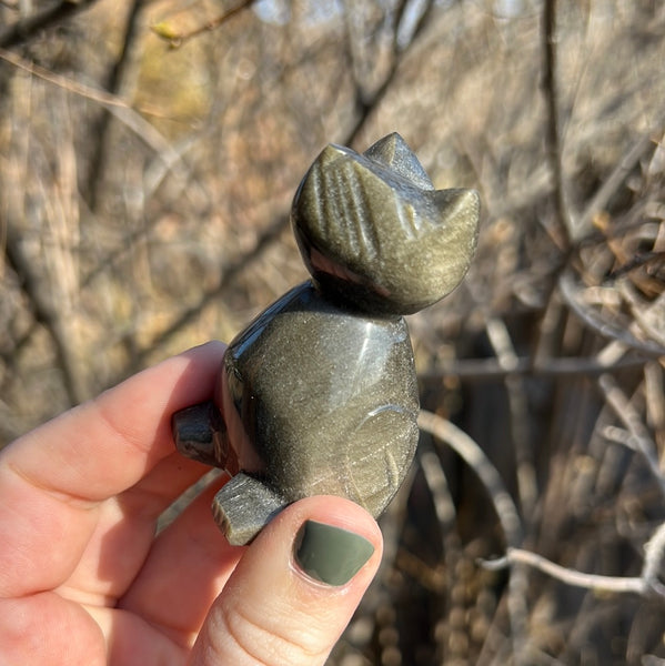 Gold Sheen Obsidian Cat Carving