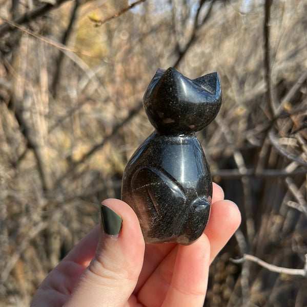 Gold Sheen Obsidian Cat Carving