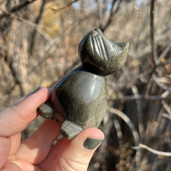 Gold Sheen Obsidian Cat Carving