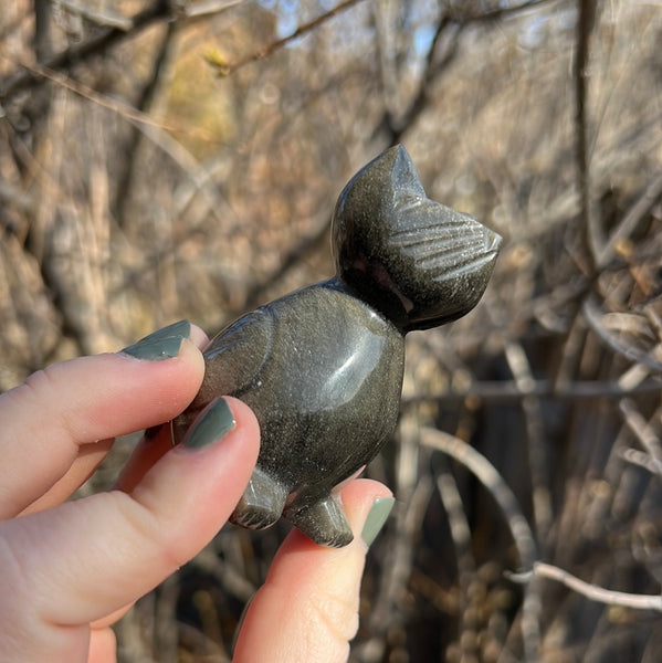 Gold Sheen Obsidian Cat Carving