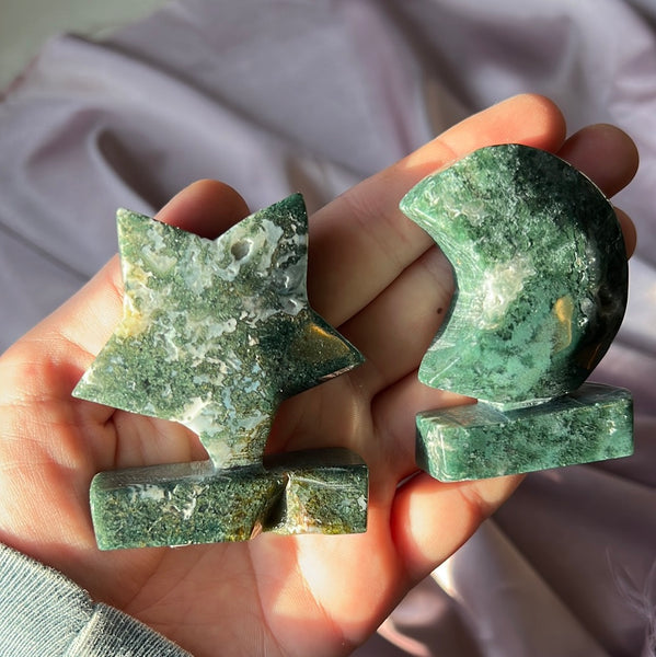 Moss Agate Star/Moon Carving